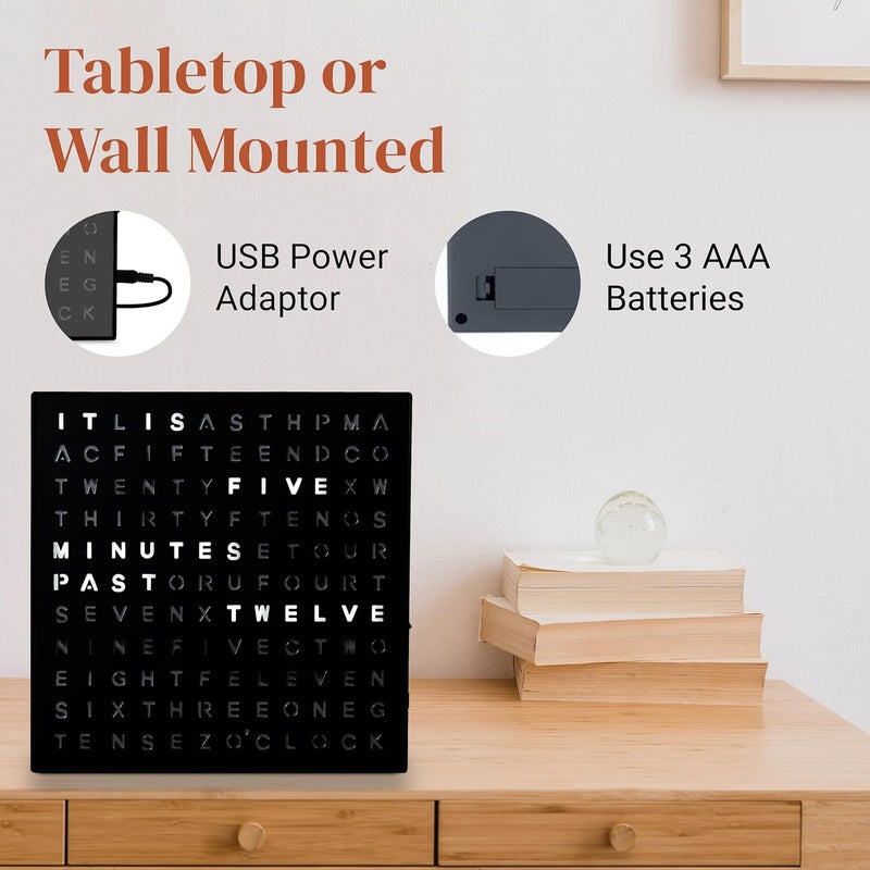 Stiles Word Clock, 8" by 8" Modern LED Desk Clock with USB Cable, Aluminum, Unique with Words, Contemporary, Living Room, Bedroom, Home, or Office Lightup Decor, Gift Item, Black - Image 5